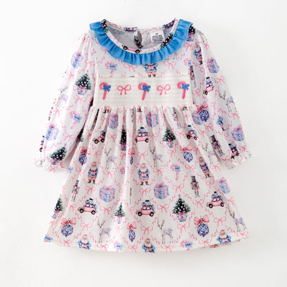 Girls Christmas Santa Bow Smocked Embroidery Custom Name Dress & Baby Set