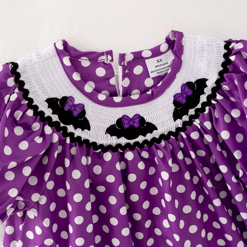 Girls Halloween Purple Dots Bat Embroidery Smocked Dress