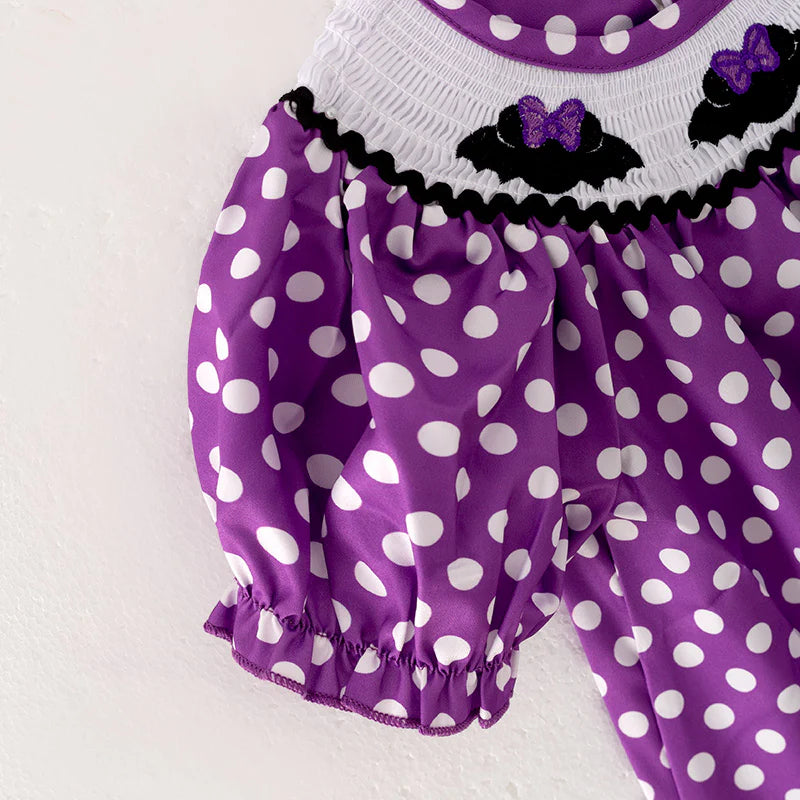 Girls Halloween Purple Dots Bat Embroidery Smocked Dress