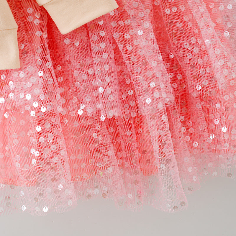 Christmas Girls Outfit – Printed Top & Sequin Tulle Skirt Set