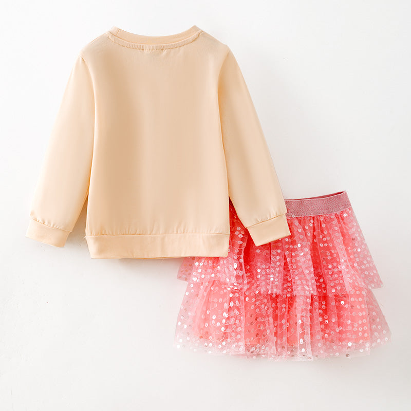 Christmas Girls Outfit – Printed Top & Sequin Tulle Skirt Set