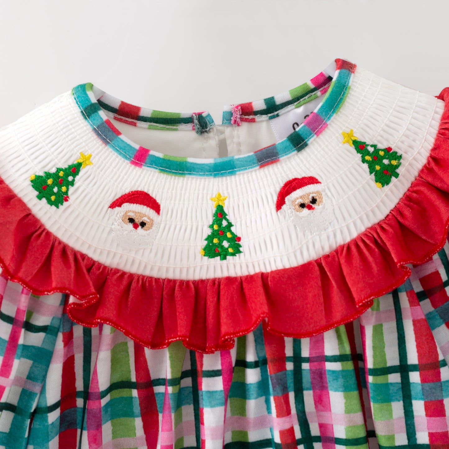 Girls Red Green Plaid Santa Christmas Tree Embroidery Smock Clothes