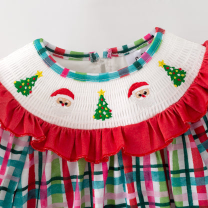 Girls Red Green Plaid Santa Christmas Tree Embroidery Smock Clothes