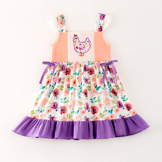Summer Girls Purple Coral Floral Chick Embroidered Dress