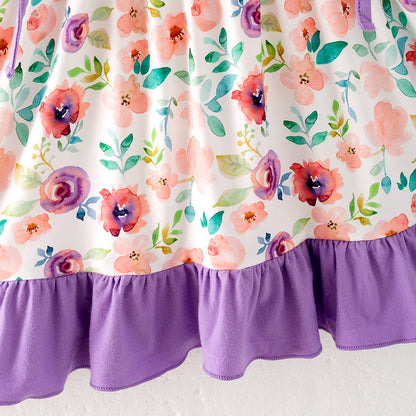 Summer Girls Purple Coral Floral Chick Embroidered Dress