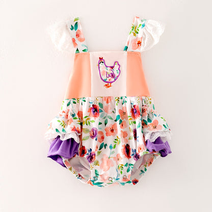 Baby Girls Purple Coral Floral Chick Embroidered Romper