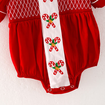 Baby Girls Christmas Cnady Cane Embroidery Red Romper