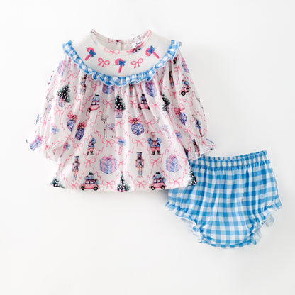 Girls Christmas Santa Bow Smocked Embroidery Custom Name Dress & Baby Set