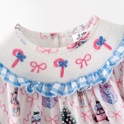 Girls Christmas Santa Bow Smocked Embroidery Custom Name Dress & Baby Set