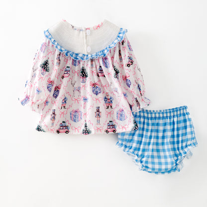 Girls Christmas Santa Bow Smocked Embroidery Custom Name Dress & Baby Set