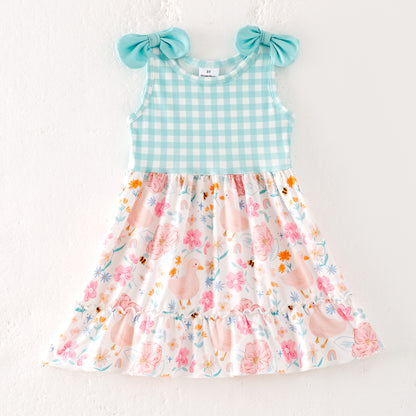 Girls Summer Mint Plaid Farm Print Dress