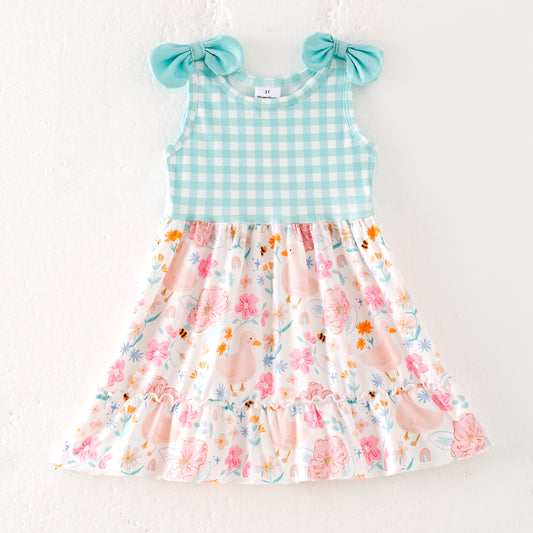 Girls Summer Mint Plaid Farm Print Dress