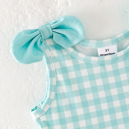 Girls Summer Mint Plaid Farm Print Dress