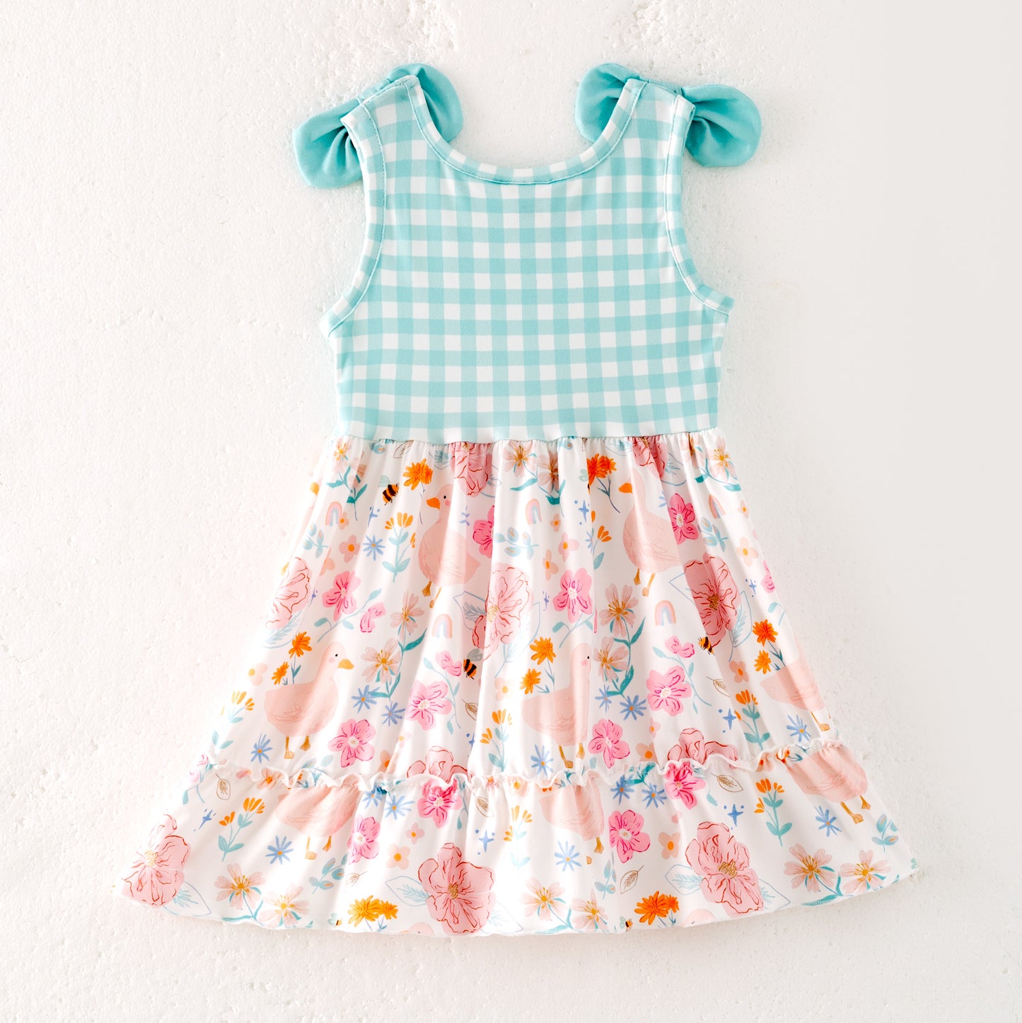 Girls Summer Mint Plaid Farm Print Dress