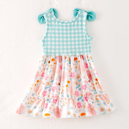 Girls Summer Mint Plaid Farm Print Dress