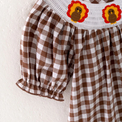 Girls Thanksgiving Day Turkey Embroidered Smock Plaid Dress