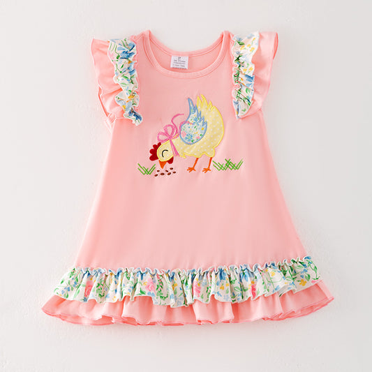 Girls Summer Farm Chick Embroidered Floral Ruffled Dress