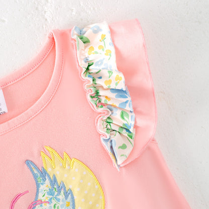 Girls Summer Farm Chick Embroidered Floral Ruffled Dress