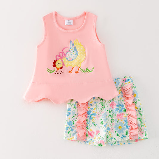 Girls Summer Farm Chick Embroidered Floral Short Set