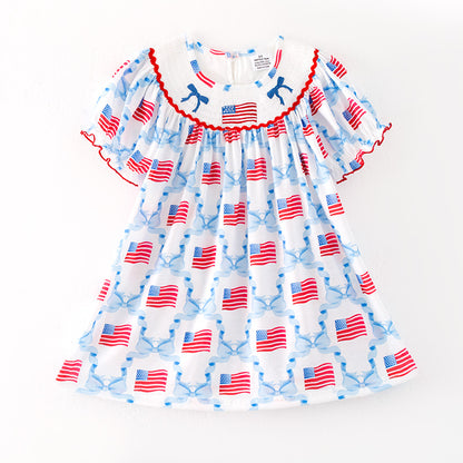 Girls July 4th Flag Bow Smocked Embroidered Red Blue Dress
