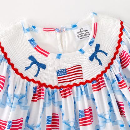 Girls July 4th Flag Bow Smocked Embroidered Red Blue Dress
