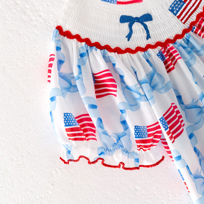 Girls July 4th Flag Bow Smocked Embroidered Red Blue Dress