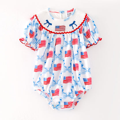 Baby Kids 4th OF July Flag Smocked Embroidered Red Blue Romper