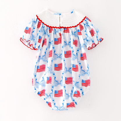 Baby Kids 4th OF July Flag Smocked Embroidered Red Blue Romper