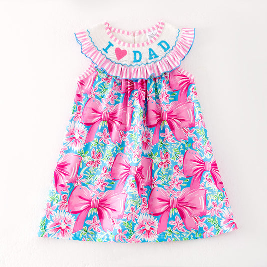 Summer Girls "I LOVE DAD" Smocked Embroidered Pink Bow Dress