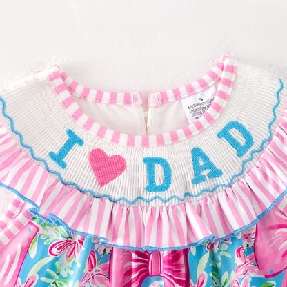 Summer Girls "I LOVE DAD" Smocked Embroidered Pink Bow Dress