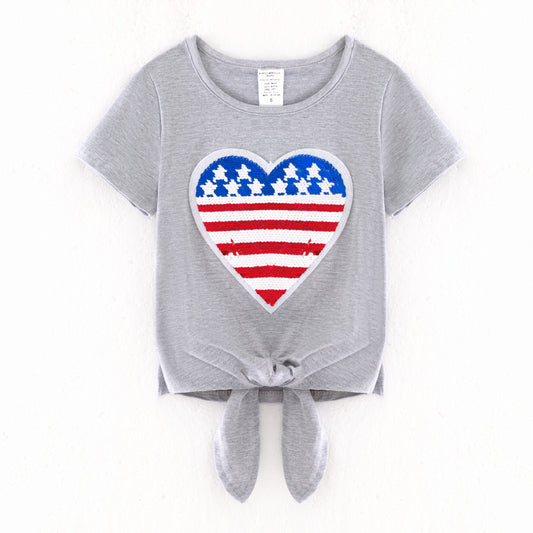 Mommy and Me July 4th Sequins Flag Heart Grey Cotton Shirt