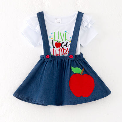 Girls Back To School "LIVE LOVE LEARN" Apple Applique Skirt Set