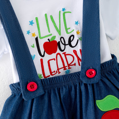 Girls Back To School "LIVE LOVE LEARN" Apple Applique Skirt Set