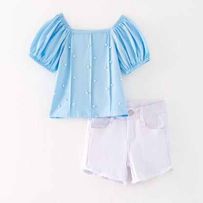 Girls Summer Blue Pearl Cotton White Denim Short Set