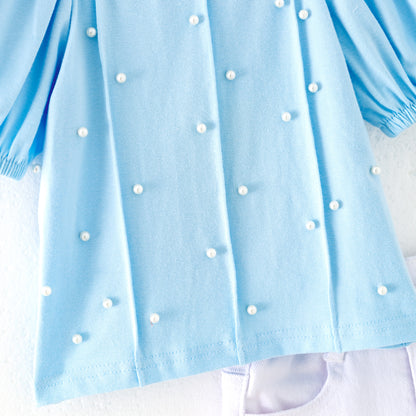 Girls Summer Blue Pearl Cotton White Denim Short Set