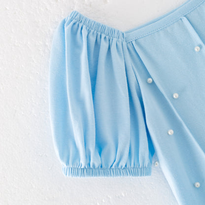 Girls Summer Blue Pearl Cotton White Denim Short Set