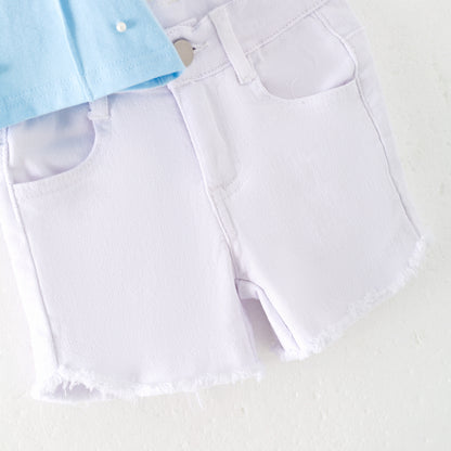 Girls Summer Blue Pearl Cotton White Denim Short Set