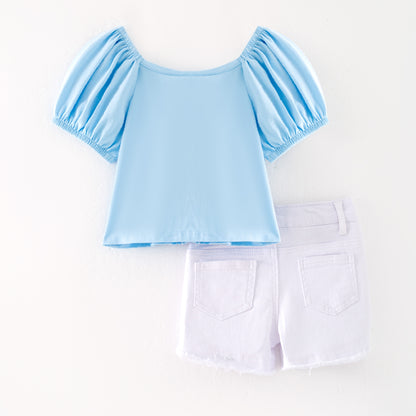 Girls Summer Blue Pearl Cotton White Denim Short Set