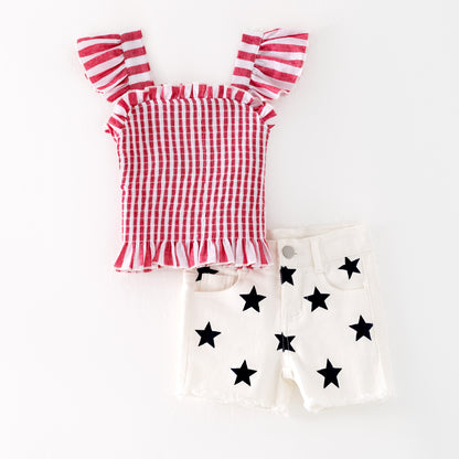 Girls July 4th Red Smocked Top Star Denim Short Set
