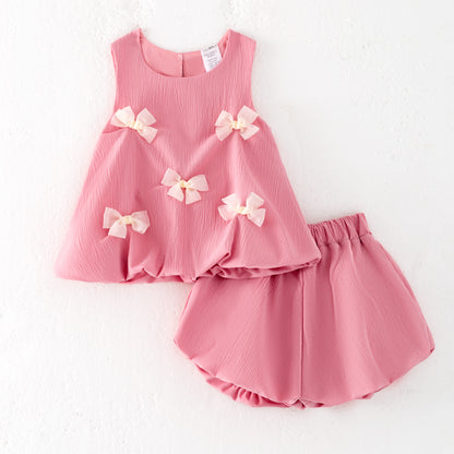 Girls Summer Pink Bow Fashion Cute Short Set