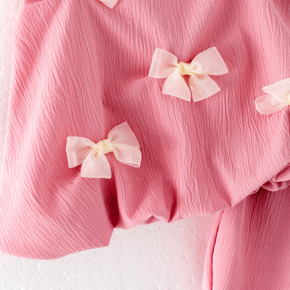Girls Summer Pink Bow Fashion Cute Short Set