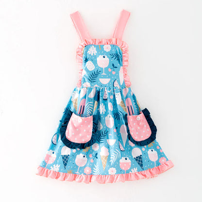 Girls Summer Print Soft Pocket Ruffled Dress