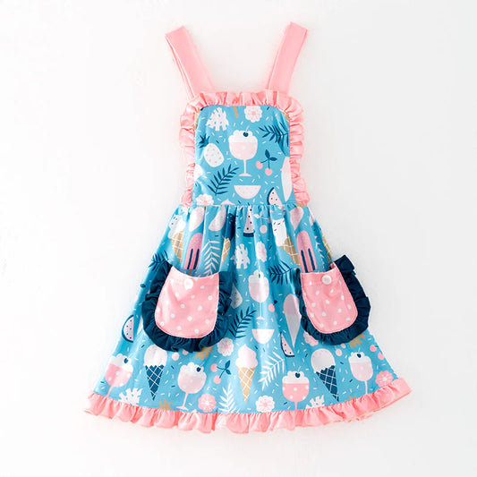 Girls Summer Print Soft Pocket Ruffled Dress