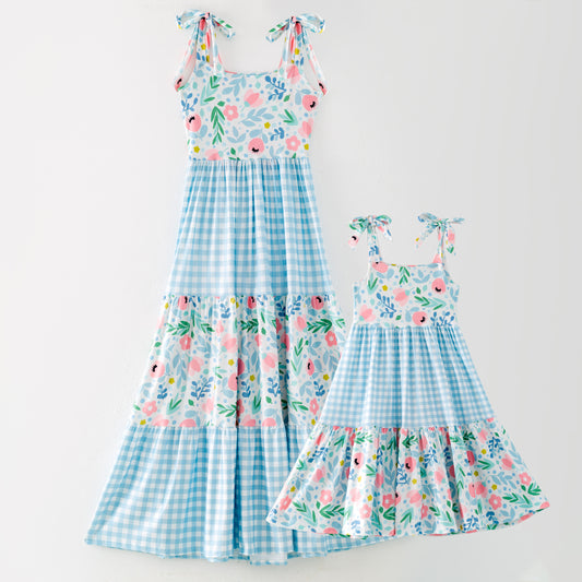 Mommy and Me Floral Plaid Patchwork Slip Dress