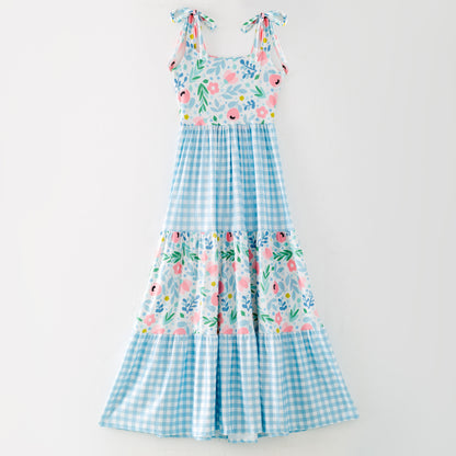 Mommy and Me Floral Plaid Patchwork Slip Dress