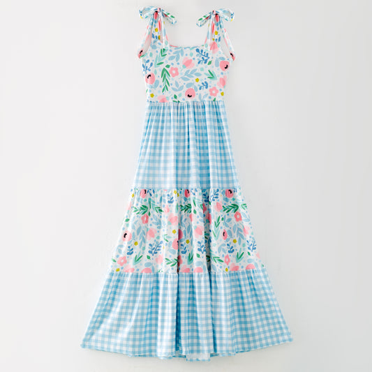 Mommy and Me Floral Plaid Patchwork Slip Dress