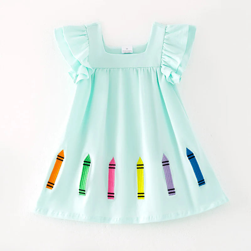 Girls Back To School Pencil Print Mint Cotton Dress