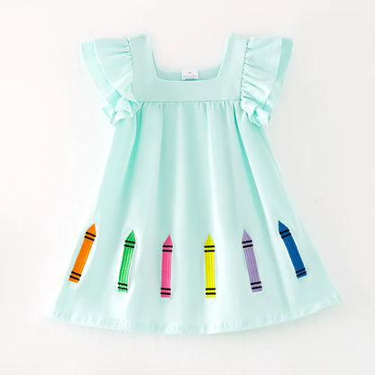 Girls Back To School Pencil Print Mint Cotton Dress