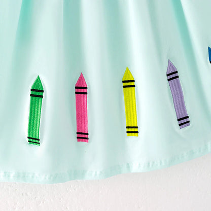 Girls Back To School Pencil Print Mint Cotton Dress