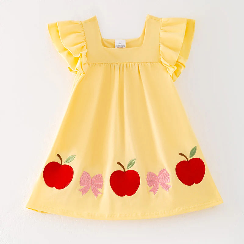 Girls Back To School Apple Bow Embroidered Yellow Cotton Dress
